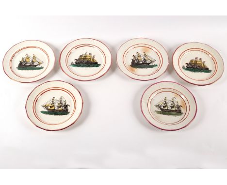 A set of six dessert plates transfer printed and hand coloured, each decorated a portrait of a named sailing or steam ship, 2