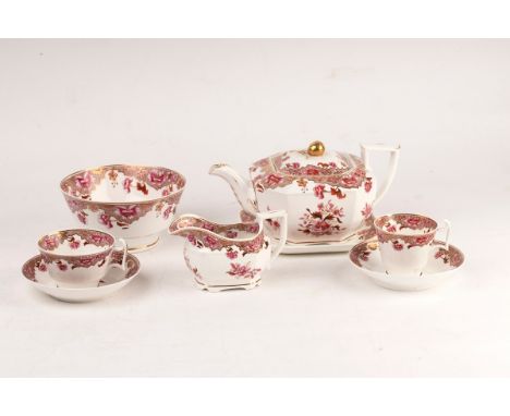 A Spode part tea service, circa 1820, pattern No. 3073 in pink, red and gilt, comprising a square teapot, cover and stand, mi