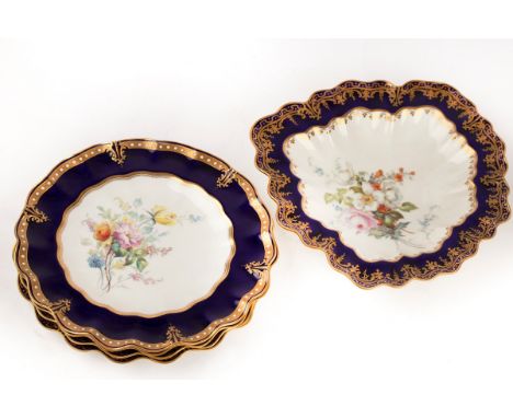 A matched Royal Crown Derby botanical dessert service, comprising four circular plates and a leaf-shaped dish, initialled CON