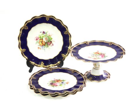 A Royal Crown Derby botanical dessert service with wavy rims, signed A Gregory, comprising four plates, a tazza, an oval dish