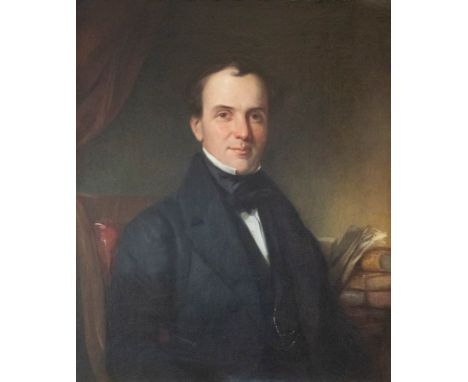 19th Century English School/Portrait of a Gentleman/half-length, seated with a book to his left, wearing a black stock and ja