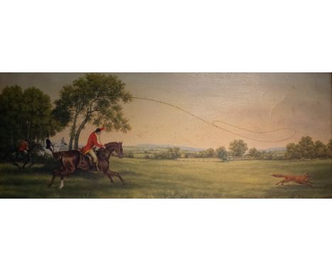 20th Century/Hunting Scene/huntsman lassoing a fox/oil on canvas, 29cm x 74cm/Note: This commemorates the merger of the Ameri