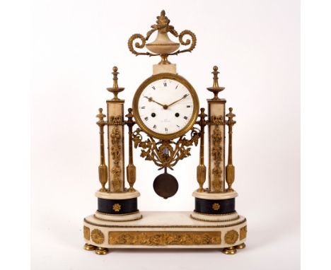 A French gilt metal mounted portico clock, the enamel dial marked 'a Paris', makers name rubbed, the movement with silk suspe