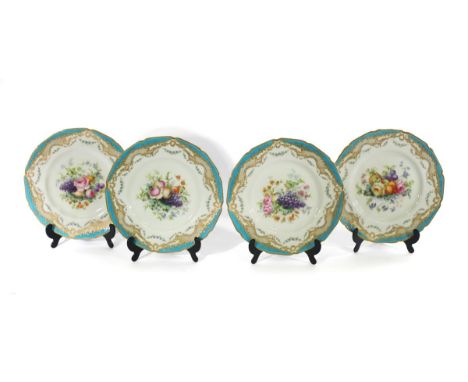 A set of four Royal Worcester cabinet plates painted fruit and flowers, signed C B Brough, within turquoise and tooled gilt r