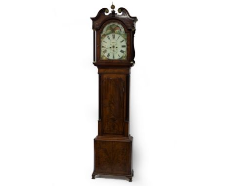 A 19th Century mahogany longcase clock, the painted arched dial with phases of the moon, fitted an eight-day striking movemen