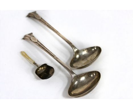 A George III silver caddy spoon with mother-of-pearl handle, Samuel Pemberton, Birmingham 1807 and a pair of silver Onslow pa