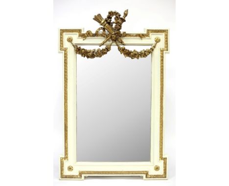 A Regency parcel gilt mirror with quiver and flame finial within a garland and ribbon tie gesso border, the plate 70cm x 45cm