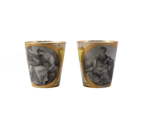A pair of Chamberlain Worcester yellow ground tapered beakers, late 19th Century, painted en grisaille with titled allegorica