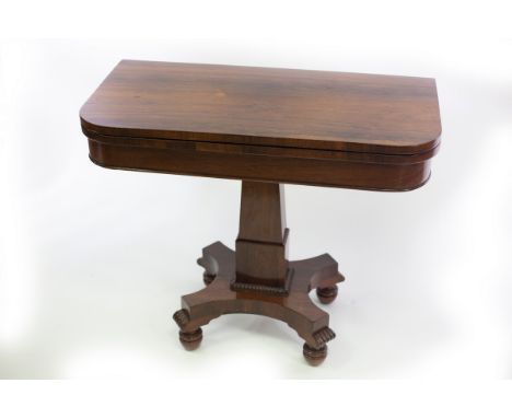 A 19th Century fold-over card table on rectangular column and platform base with turned feet, 89cm wide