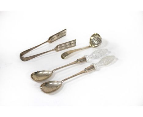 A pair of silver salad servers with cut glass handles, M Bros, Sheffield 1901, a pair of asparagus servers and a sifter ladle