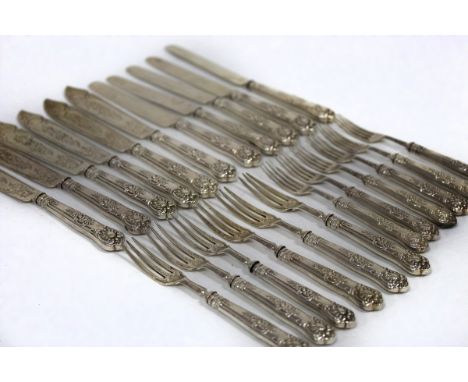 A set of six Queen's pattern silver fish knives and forks, FH, London 1879 and a part set of King's pattern dessert knives an