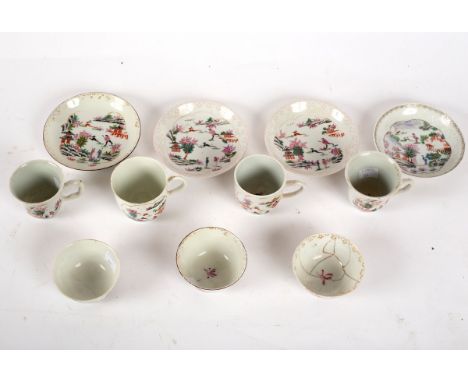 A group of European decorated Chinese tea wares, mid 18th Century, comprising three tea bowls, four saucers and three cups in