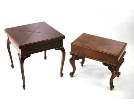 An Edwardian mahogany envelope card table, the top 56cm x 56cm and a Victorian walnut bidet, 59cm long