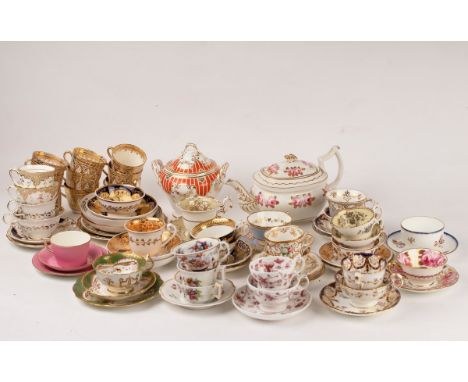 A collection of English porcelain teawares, 19th Century, to include twenty-two cups and matching saucers, a teapot and sugar