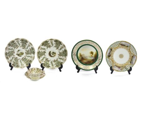 A Copeland plate decorated with four named views, a Royal Worcester plate signed by R Rushton, a pair of Rockingham plates an