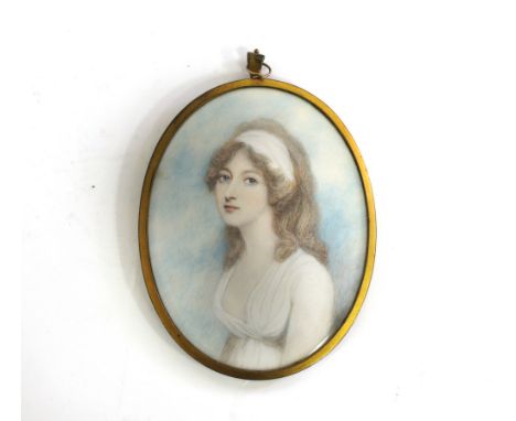 19th Century English School/Portrait Miniature of a Young Lady/half-length, wearing a white dress/initialed AP/watercolour on