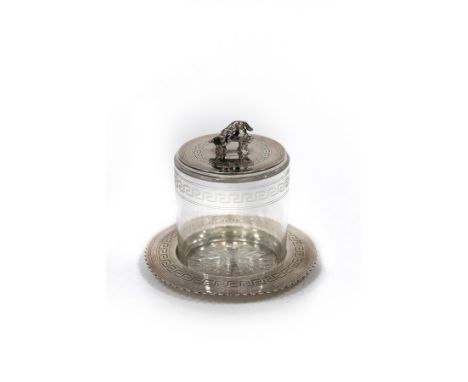 A Victorian biscuit jar with silver cover and stand, Fenton Bros., Sheffield 1878, the cover with setter finial, approximatel
