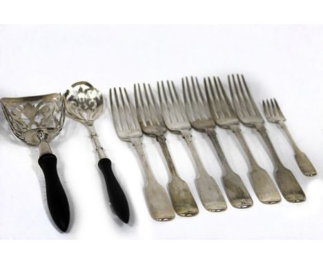 A set of six provincial silver fiddle pattern table forks, William Rawlings Sobey, Exeter 1837, a pickle fork and two pierced