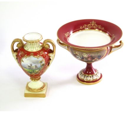 A group of Royal Worcester including two-handled pedestal bowl, twin-handled vase, plate, pair of saucers and a dated cup and