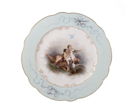 A Sèvres porcelain plate decorated a scene of two nudes with a swan, signed Antonin Boullemier, 1865, 25cm diameter/see illus