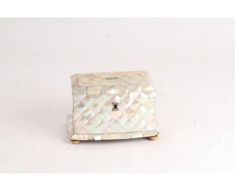 A Victorian mother-of-pearl tea caddy with two lidded compartments, on bun feet, 17.5cm wide