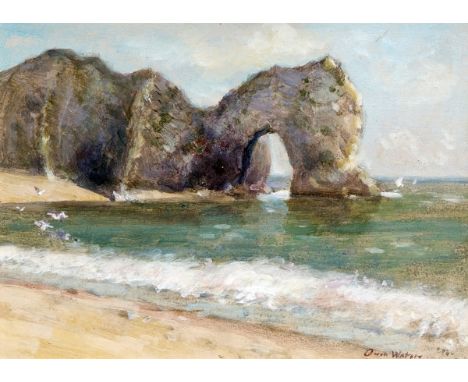 *  OWEN WATERS (1916-2004, BRITISH) 
“Durdle Door, Dorset”
oil on board, signed lower right and inscribed with title verso
8 