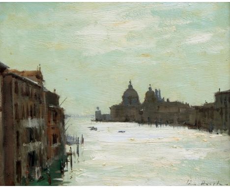 * IAN HOUSTON (BORN 1934, BRITISH) 
“Morning Light on the Grand Canal – Venice”
oil on board, signed lower right and inscribe