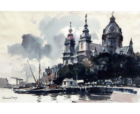 * EDWARD BRIAN SEAGO, RBA, RWS (1910-1974, BRITISH)
“The Church of St Nicholas, Amsterdam”
pen, ink and watercolour, signed l