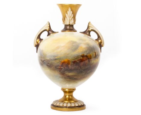 A ROYAL WORCESTER VASE  decorated with Highland cattle by James Stinton, with flaring rim and handles, signed by the artist w