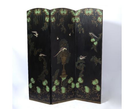 A PAINTED THREE FOLD DRAUGHT SCREEN each section with arching top and decorated with exotic birds amongst foliage and urns, e