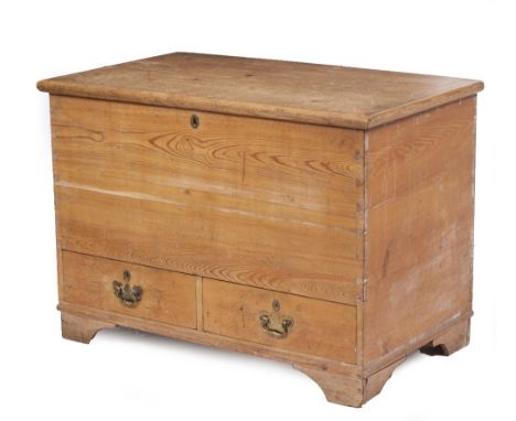 A VICTORIAN PINE MULE CHEST with lifting lid and twin drawers beneath, all standing on bracket feet, 102cm wide x 63cm deep x