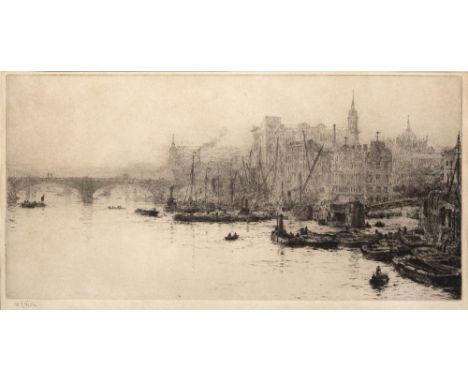 WILLIAM LIONEL WYLLIE (1851-1931) The Thames with London Bridge, etching, signed in pencil in the margin, lower left, 20 x 40