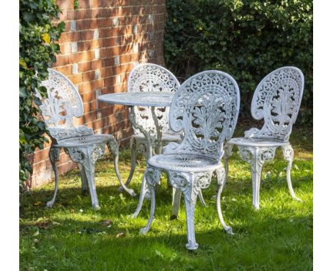 A WHITE PAINTED CAST ALUMINIUM CIRCULAR GARDEN TRIPOD TABLE with pierced top, 80cm diameter x 69cm high together with a set o