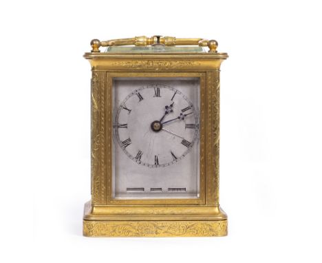 A RARE 19TH CENTURY FRENCH BRASS QUARTER REPEATING CALENDAR CARRIAGE CLOCKwith Garnier 'Two-Plane' or 'Chaff Cutter' escapeme