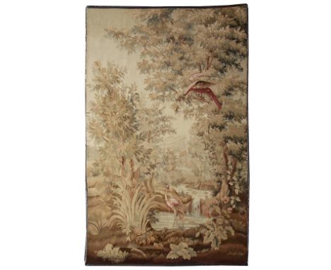 A 19TH CENTURY AUBUSSON TAPESTRY PANEL depicting the house on a river with wading bird in the foreground and parrot perched i