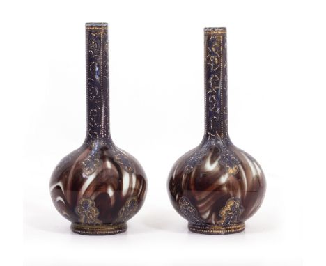 A PAIR OF LATE 19TH CENTURY FRENCH GLASS AND ENAMEL DECORATED BOTTLE VASES 13cm diameter x 29cm high