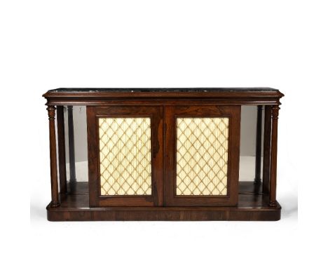 A WILLIAM IV ROSEWOOD MARBLE TOPPED SIDE CABINET with silk backed brass mesh panel twin doors enclosing shelves within and wi