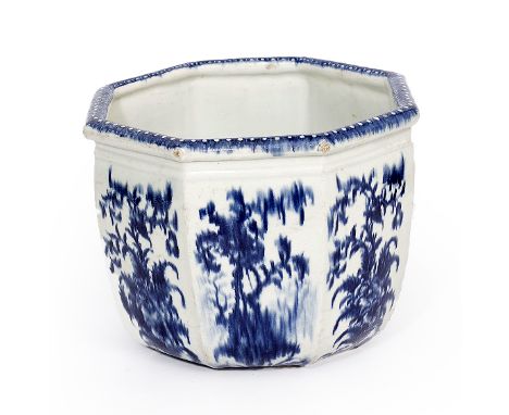 A RARE 18TH CENTURY WORCESTER OCTAGONAL JARDINIERE painted with a 'Fancy Bird in a Tree' pattern, painted with a crescent mar