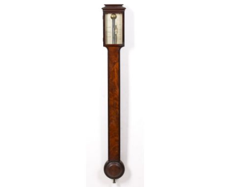 A GEORGE III MAHOGANY CASED STICK BAROMETER by Dollond of London, silvered dial with vernier scale and with turned reservoir,