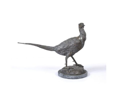 A BRONZE SCULPTURE OF A COCK PHEASANT unsigned and set on a circular stone plinth, the plinth 19cm diameter and the sculpture