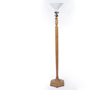 AN EARLY TO MID 20TH CENTURY OAK HEALS HEXAGONAL LAMP STANDARD with spreading base and a four bulb fitting to include enamel 