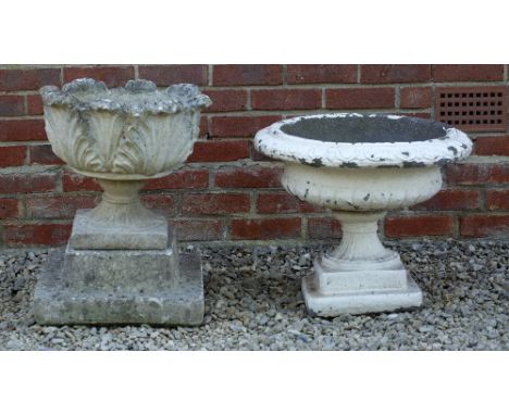 A COMPOSITE STONE PLANTER OF SHALLOW CAMPANA FORM 58cm deep x 47cm high and a composite stone planter of acanthus leaf form m