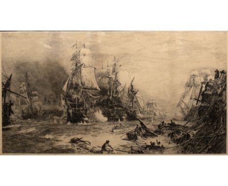 WILLIAM LIONEL WYLLIE (1851-1931) HMS Victory at the Battle of Trafalgar, etching, signed in pencil in the margin, lower left