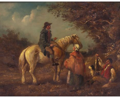 IN THE MANNER OF GEORGE MORLAND Trying to sell a rabbit, oil on panel, signed G. Morland and dated 1791 lower left, 32.5 x 41