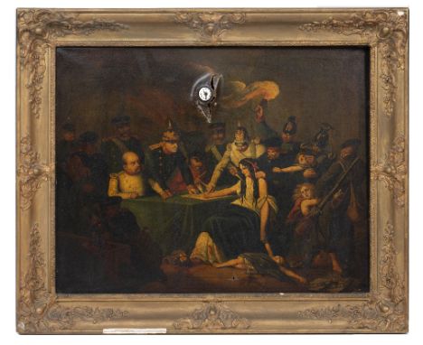 A 19TH CENTURY CONTINENTAL MUSICAL PICTURE CLOCK, The picture showing France signing a peace treaty with Prussia, May 10th 18