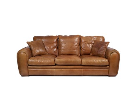 A LARGE CONTEMPORARY TAN BROWN LEATHER SOFA approximately 244cm wide x 112cm deep x 73cm high