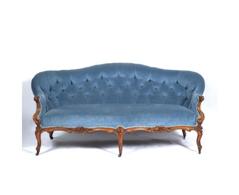 A VICTORIAN SHOW WOOD SOFA  with blue Draylon button upholstered back and serpentine fronted seats, 193cm wide x 83cm deep x 