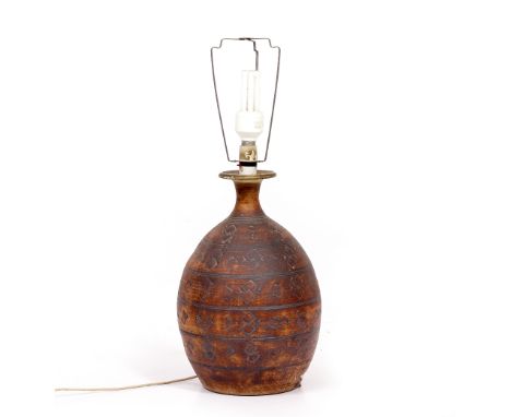 A CONTEMPORARY STONEWARE STUDIO POTTERY TABLE LAMP of ovoid form with impressed decoration and impressed mark, 24cm diameter 