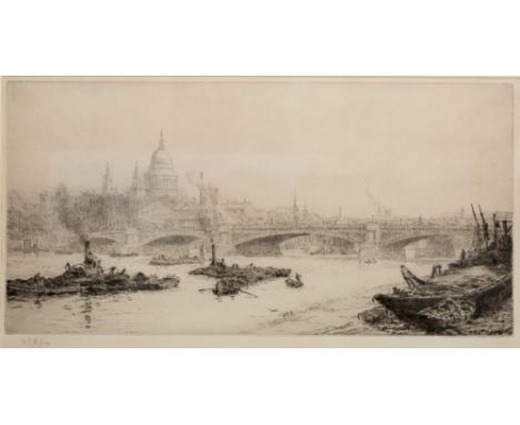 WILLIAM LIONEL WYLLIE (1851-1931) View of London with St Paul's and Blackfriar's Bridge, etching, signed in pencil in the mar