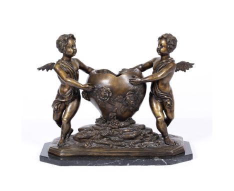 A LATE 20TH CENTURY BRONZE SCULPTURE  depicting two cherubs around a central urn encrusted with roses, mounted on a black mar